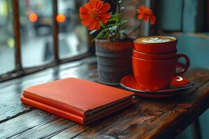 Cozy Coffee Shop Ambiance with Books and Latte in a Rustic Setting photo