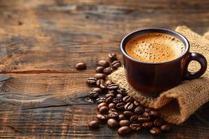 Rustic Coffee Break with Freshly Brewed Espresso and Coffee Beans on Burlap photo