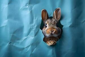 Curious Rabbit Emerging through Torn Blue Paper for Creative Design Concepts photo