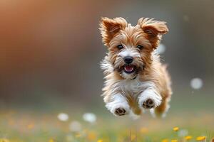 Joyful Puppy Leaping Through a Field of Flowers photo