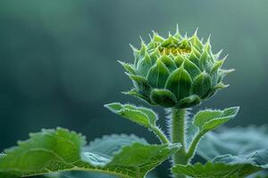 Emerging Sunflower Bud Against Soft Green Background for Nature and Growth Concepts photo