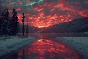 Vibrant Winter Sunset over Snowy Reflection Pathway in Majestic Mountains photo