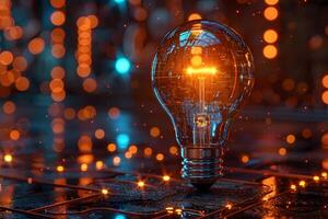 Illuminated Technology Futuristic Lightbulb with Digital Grid and Bokeh Background photo