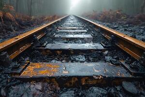 Misty Rainforest Railway Track Journey into the Unknown photo