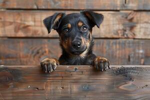 Curious Puppy Peeking Over Wooden Fence for Rustic Pet Photography photo