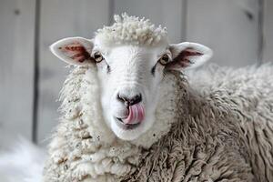 Close-Up Portrait of a Fluffy Sheep Against a Rustic Wooden Background photo