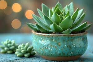 Serene Succulent Arrangement in Ceramic Pot with Bokeh Background for Home Decor photo