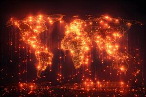 Illuminated World Map with Glowing Connections for Technology and Global Network Concepts photo