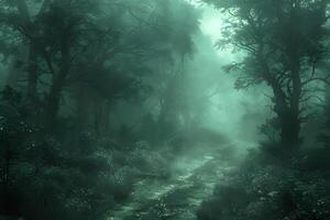 Mysterious Forest Pathway in Misty Green Light for Nature-Themed Designs photo