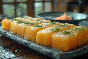 Fresh Slices of Salmon with Chives on a Rustic Platter for Culinary Presentation photo