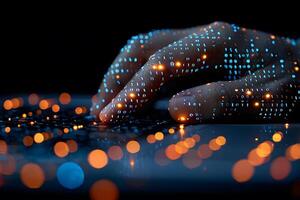 Futuristic Digital Touch Hand Interacting with Virtual Data for Cyber Technology Design photo