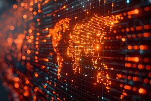 Digital World Map with Glowing Orange Dots and Network Visualization for Technology and Data Concepts photo