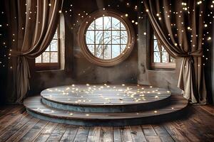 Enchanting Rustic Stage with String Lights in Winter Scene for Event Decor and Design photo