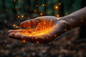 Magical Sparkling Particles in Human Hand with Green Nature Background photo