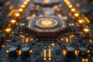 Futuristic Circuit Board with Glowing Microchip for Technology Design and Innovation photo