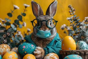 Whimsical Easter Bunny with Glasses and Face Mask Surrounded by Colorful Eggs photo