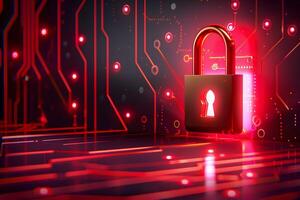 Cybersecurity Concept with Red Circuit Board and Digital Padlock for Technology Security Design photo