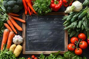 Fresh Organic Vegetables Framing a Rustic Chalkboard for Farm-To-Table Design photo