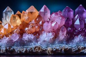Vibrant Crystal Geode Display Amethyst, Citrine, and Rose Quartz on Rock Formation photo