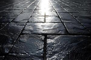 Wet Cobblestone Pathway Reflecting Sunlight in Urban Setting photo