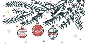 White background with Christmas tree branches and ornaments vector