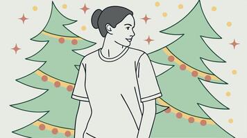 White tshirt worn by female model on christmas themed background for mock up vector