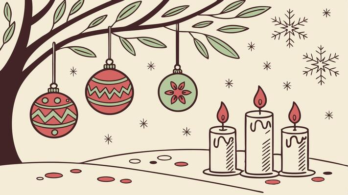 Background with christmas decoration ornaments and candles on table