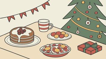 Background with christmas breakfast with decorations on a table vector