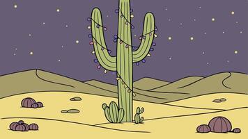 Saguaro cactus with Christmas lights in a colorful desert at night vector