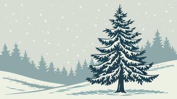 Watercolor spruce tree in the winter forest with snowfall vector