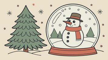 Snowman and trees in christmas snow globe by christmas tree. created using technology vector