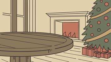 Wood table with blurry christmas tree and fireplace background with copy space vector
