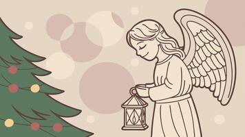 Wood figurine of an christmas angel in front of an bokeh background with a christmas tree. vector