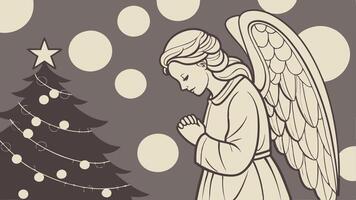 Wood figurine of an christmas angel in front of an bokeh background with a christmas tree vector