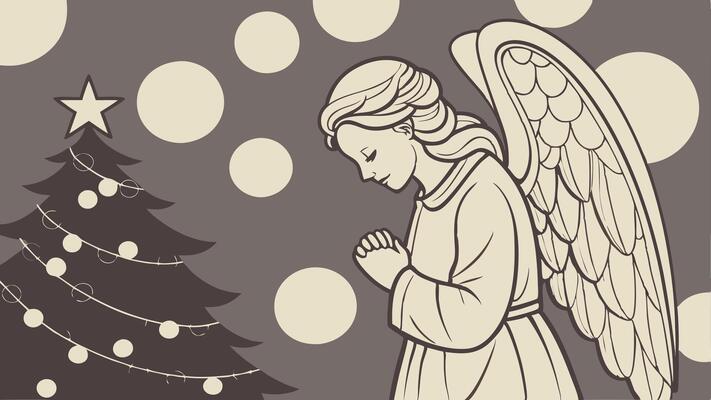 Wood figurine of an christmas angel in front of an bokeh background with a christmas tree