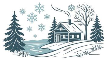 Rustic winter scene with a watercolor border and snowflakes vector