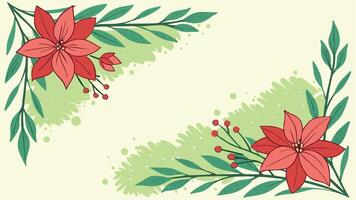 Watercolor green Christmas frame background with red xmas flowers and copy space inside. vector