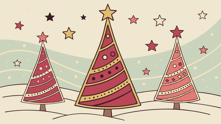 Xmas background. Christmas trees with colored stars falling.