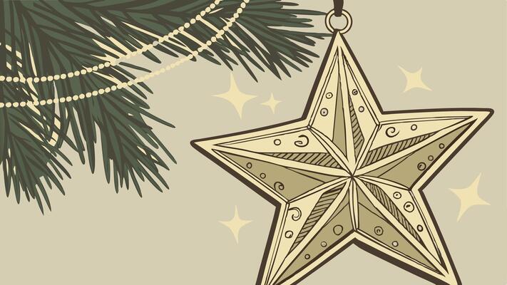 Close-up of gold sparkling star ornament hanging on a christmas tree