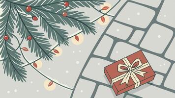 Christmas stone background with snow fir tree. gift box and decor. Top view with copy space vector