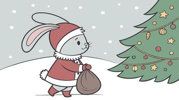 Little tiny bunny dressed up as Santa claus on snowing and christmas tree background. vector