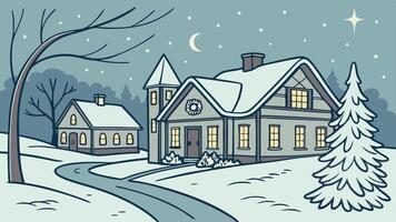 Cozy snow covered village with twinkling lights background. Created with technology vector