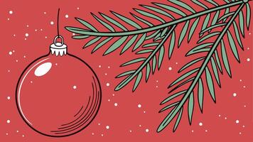 Red christmas ball next to a fir branch with a red sparkling background vector