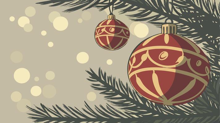 Close up of red. gold balls on christmas tree. Bokeh garlands in the background. New Year concept.