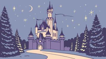 Magical fairy tale castle with christmas trees at night vector