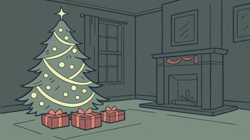 Interior christmas. magic glowing tree. fireplace gifts in dark. vector