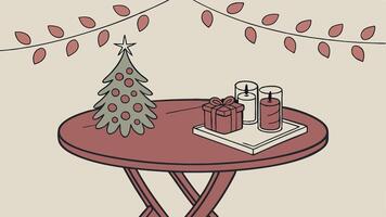 Red empty wood table with Christmas decor and blurred background with lights vector
