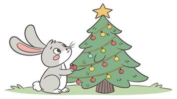 Cute little rabbit on the background of the christmas tree. bunny on the christmas background vector