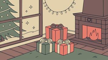 Christmas presents in living room in magical atmosphere vector