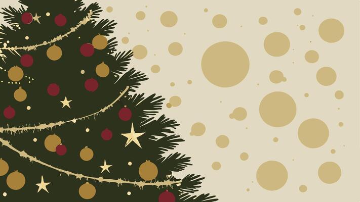 Close shot of decorated christmas tree. Gold bokeh background